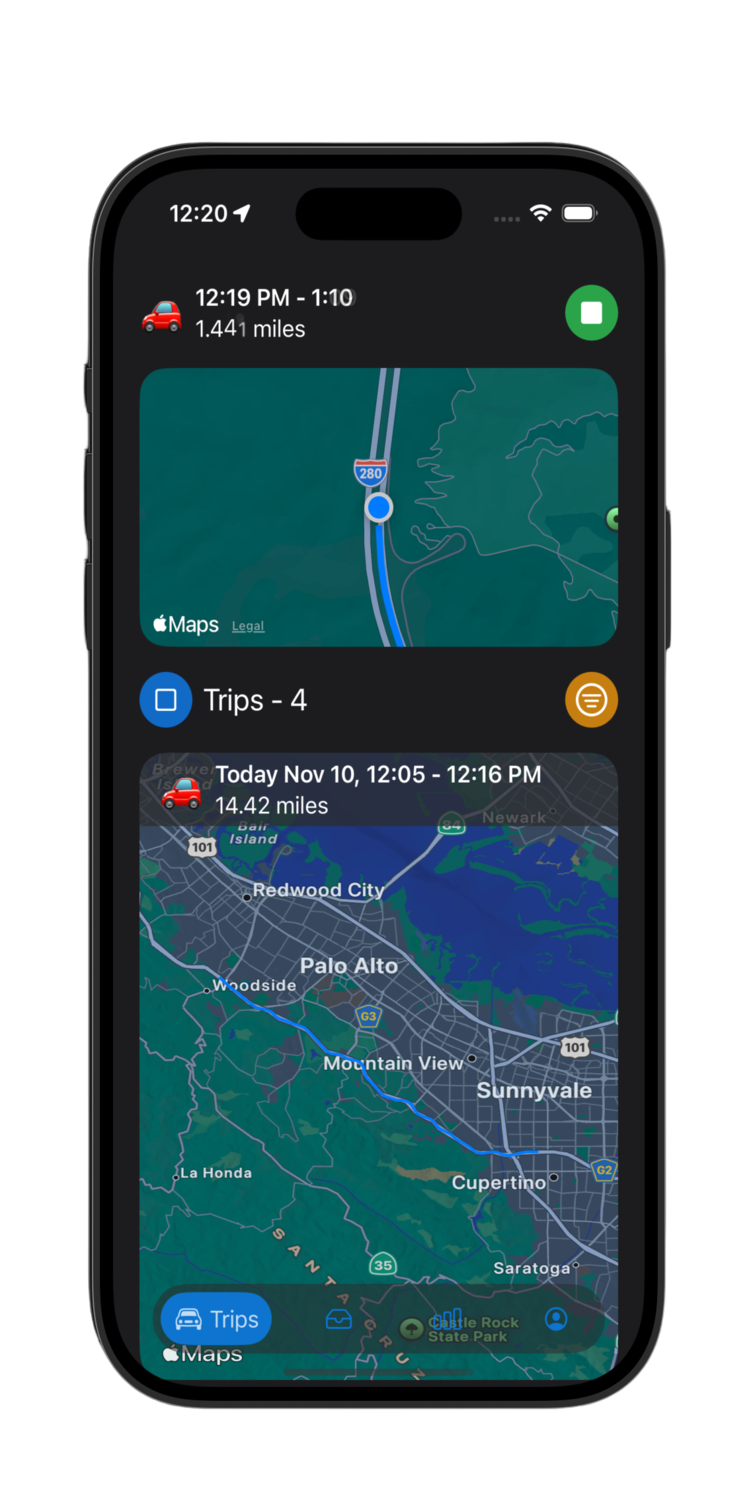 Mile Tracker+ Home Screen
